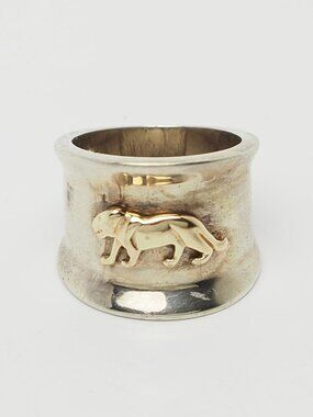 Panther wild cat animal 14k gold sterling 925 silver wide band ring sz 6.5
